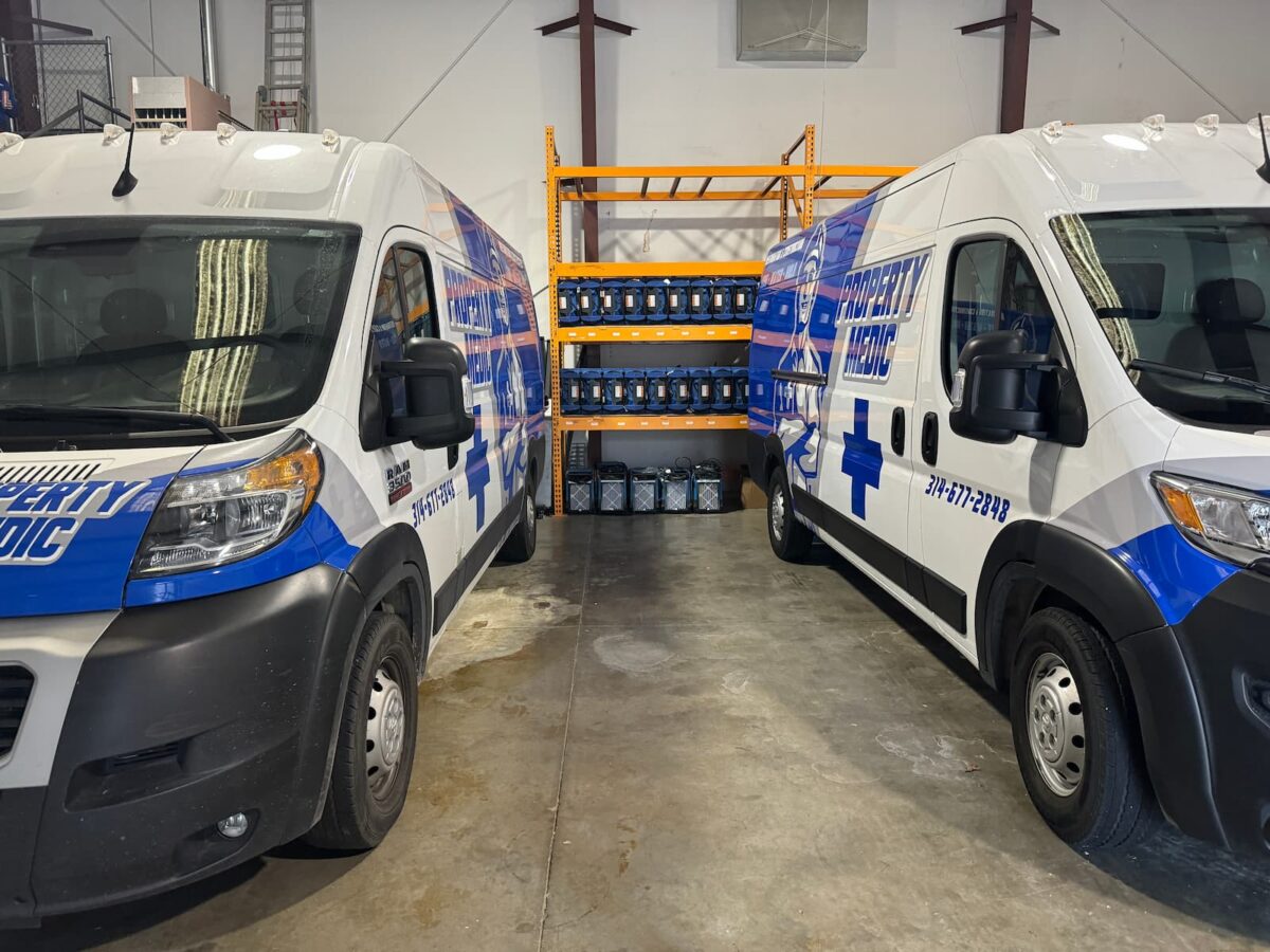 Two Water damage restoration service vans in Fenton, Missouri